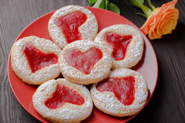 homemade cookies in the shape of heart,biscuits homemade festive,St. Valentine's Day,Valentine's Day,The 14th of February,March 8,International Women's Day on March 8,homemade baking,biscuits with alm