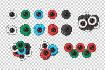 Vector set of cartoon isolated casino chips for decoration and covering on the transparent background. Concept of gambling, poker and game of chance.
