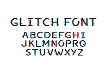 Vector realistic isolated digital glitch font for decoration and covering on the white background. Vector alphabet with distortion effect.