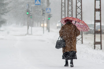 Older lady walking in heavy snowfall on the street protecting herself with pink decorated umbrella. Human in hard weather condition