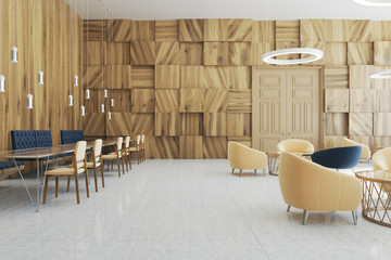 Wooden office waiting room, sofas