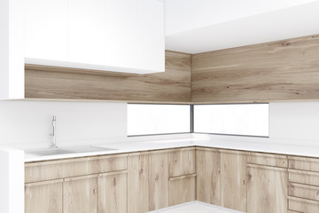 Naklejka na ściany i meble White kitchen corner, wooden countertops close up