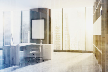 Light wood office workplace corner, poster toned