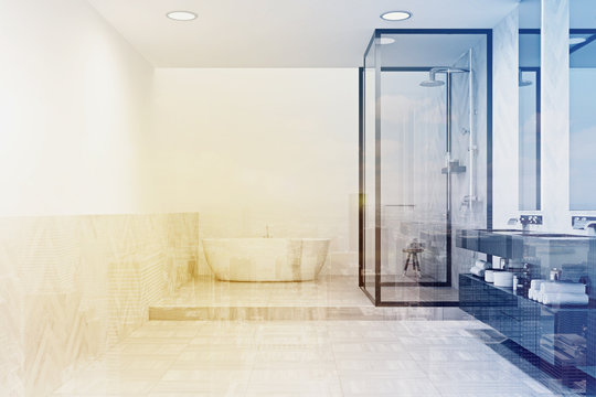 White bathroom with a shower toned