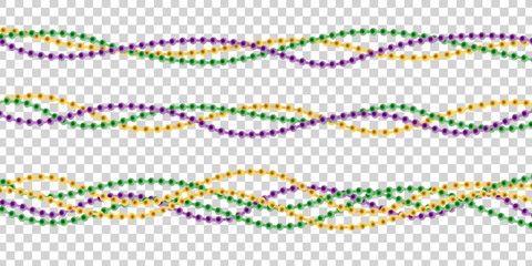 Vector realistic isolated beads for Mardi Gras for decoration and covering on the transparent background. Concept of Happy Mardi Gras.
