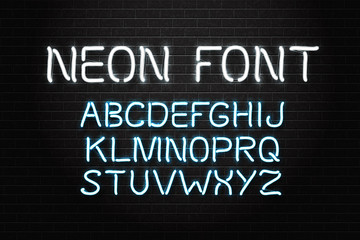 Vector realistic isolated neon font letters for decoration and covering on the wall background. Concept of broadway alphabet and typography.