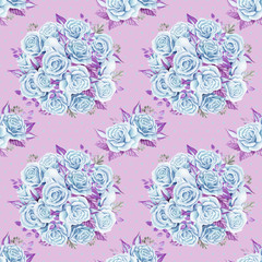 Blue roses bouquets. Watercolor illustration. Seamless pattern design paper.