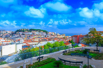 View of old town Lisbon and Sao Jorge Castle from Miradouro de S