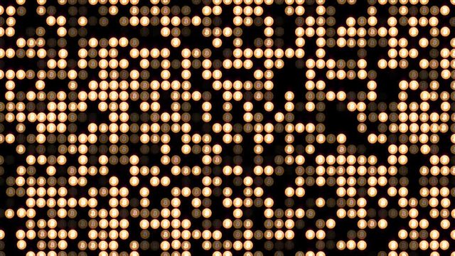 Crypto currensy background bitcoin with flickering symbols . Symbol of money with glowing glass surface. Golden symbols of bitcoin, letcoin, dogy, dollar, euro, yen or pound with glossy metallic