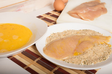 Food preparation of chicken cutlets with bread crumbs and egg wash