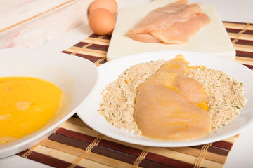 Food preparation of chicken cutlets with bread crumbs and egg wash