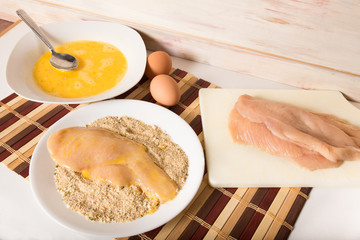 Food preparation of chicken cutlets with bread crumbs and egg wash