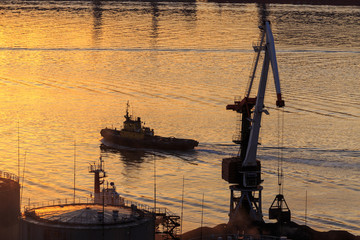 Vladivostok, Russia, 2017: Merchant and warships on the roadstead in the Golden Horn Bay in...