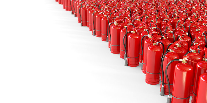 Many fire extinguishers on a white background. Clipping path included. 3d illustration 