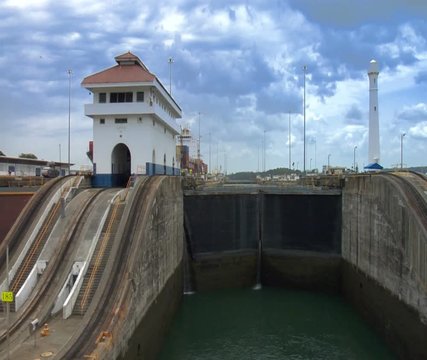 Aft view leaving lock at Panama Canal