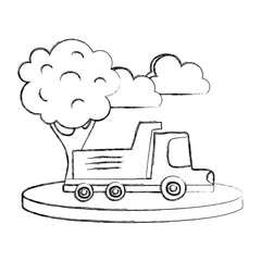 grunge dump truck in the city with clouds and tree