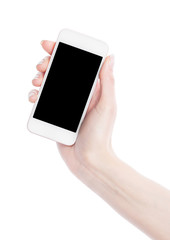 Fototapeta na wymiar Female hand holding smartphone isolated on white