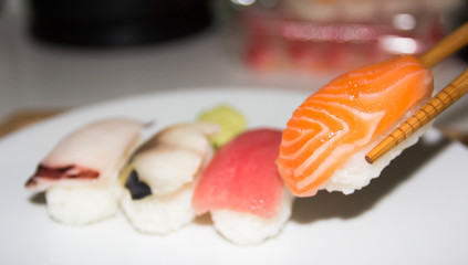 Sushi set on white plate. Janpan food