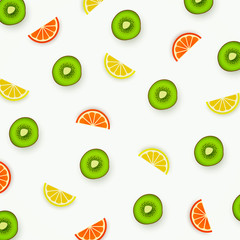 Colorful pattern of kiwi, lemon and orange,. Abstract image of fruit, minimalistic style. Top view of kiwi and watermelon segments. Summer food concept. Vector illustration