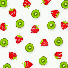 Colorful pattern of kiwi and strawberry. Abstract image of fruit, minimalistic style. Top view. Summer food concept. Vector illustration