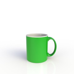 Green coffee cup isolated on white background. Close up with side view. Mock up Template for application design. Exhibition equipment. Set template for the placement of the logo. 3D rendering.