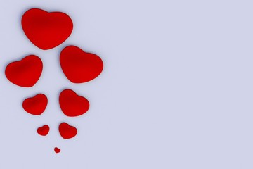 Valentine day background with red hearts, 3D rendering isolated on white background