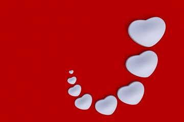 Valentine day background with white hearts, 3D rendering isolated on red background