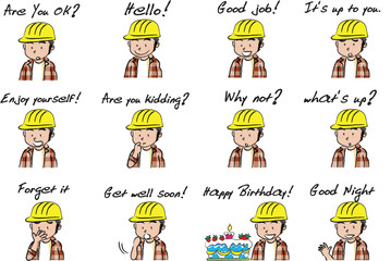 cartoon construction worker face set