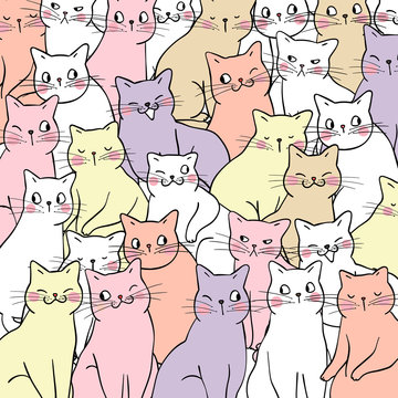 Vector illustration pattern background design of cats colorful pastel Draw doodle cartoon style