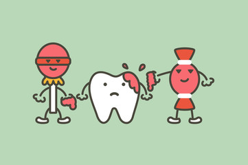 teeth are smudged from sweet, decay tooth concept