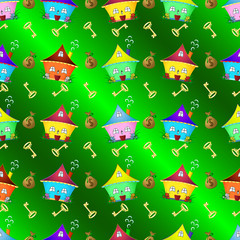 Seamless texture colorful houses, golden keys, bags of money. Green background.