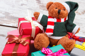Teddy bear with colorful gifts for Valentines Day or other celebration