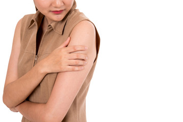 isolated woman palpation left shoulder on white background. Clipping path aded.