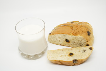 Raisin bread slice with milk on for eating in breakfast or morning meal