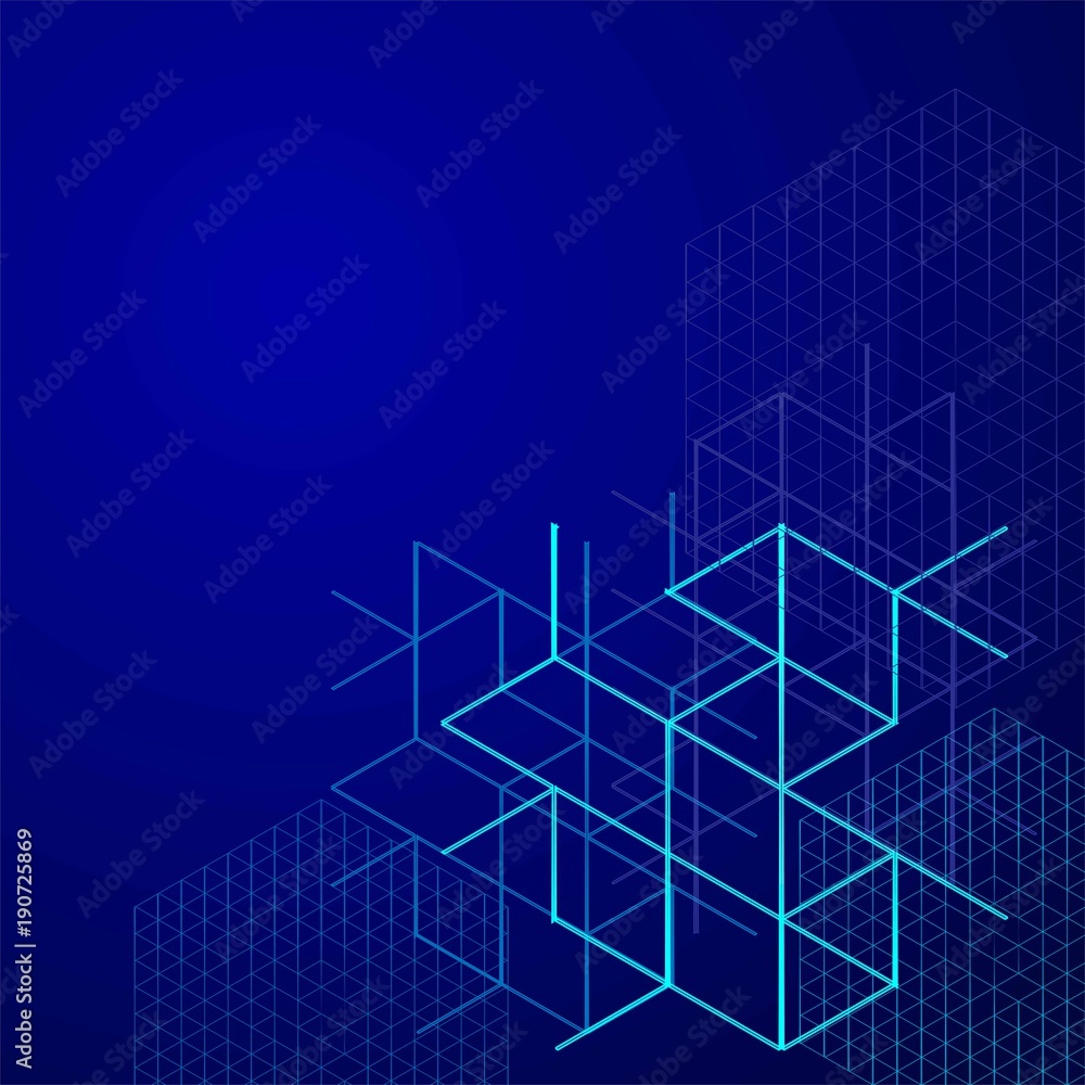 Poster Digital abstract boxes on blue background. lines and cube Vector illustration.