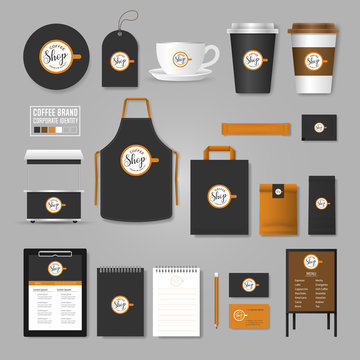 Corporate identity template. Logo concept for coffee shop, cafe, restaurant. Realistic mock up template set of menu, package, cup, apron, bag, tag, cardboard.
