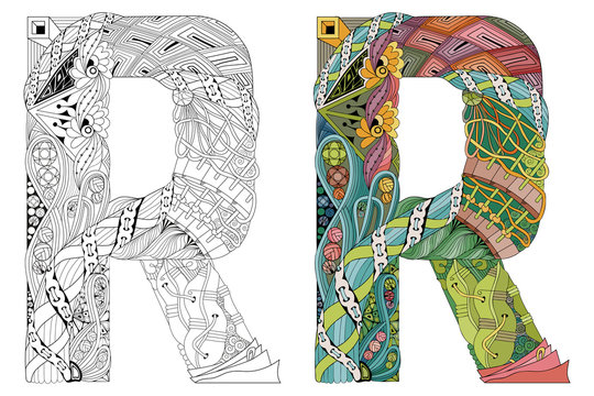 Letter R zentangle for coloring. Vector decorative object