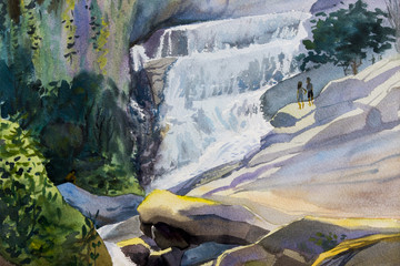 Watercolor landscape original painting colorful of waterfall.
