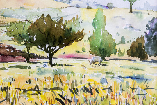 Painting watercolor landscape original of cow and cornfield.