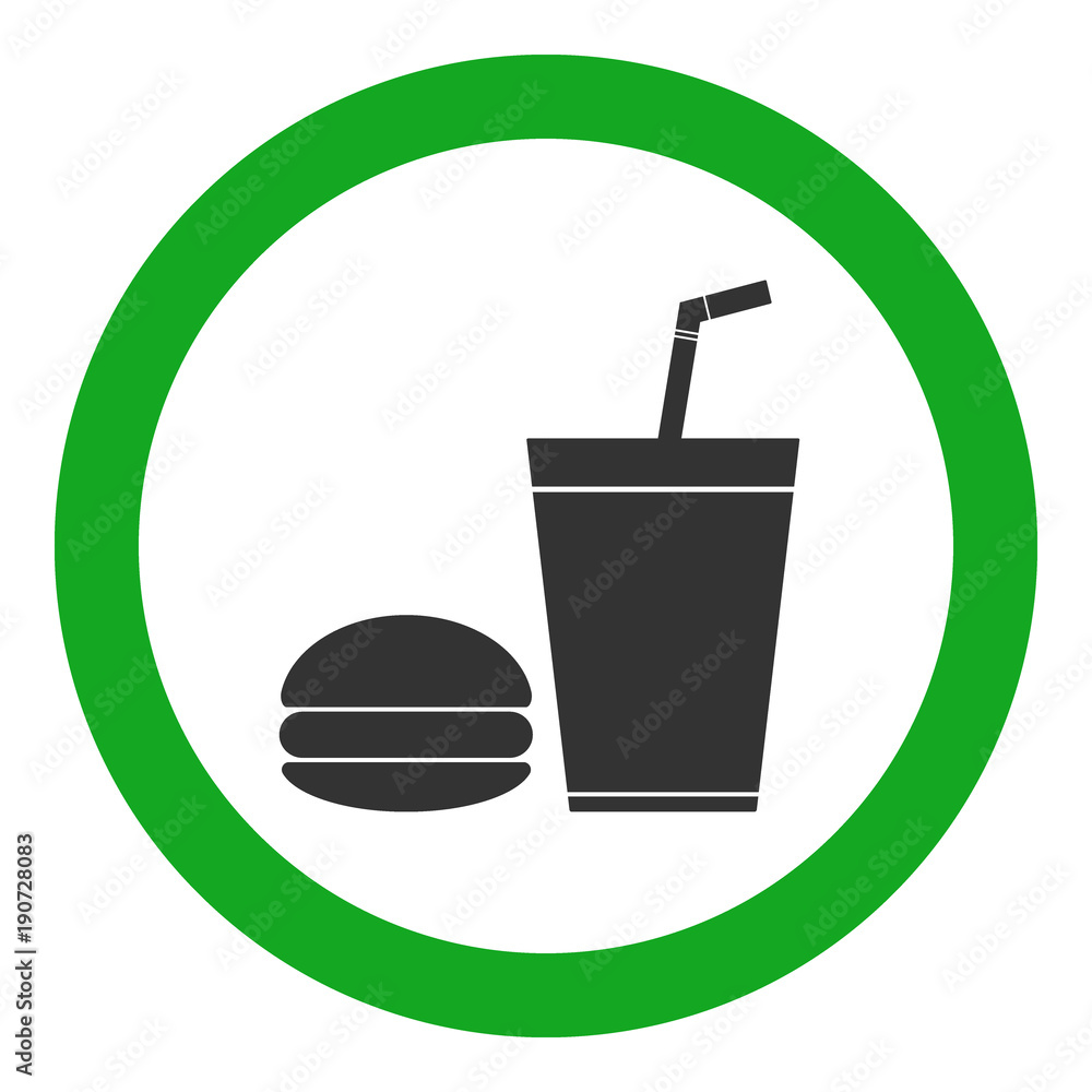 Sticker FOOD OR DRINKS sign. Paper cup with tubule and hamburger icons in green circle. Vector.