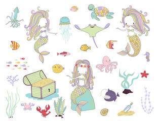 Underwater life. Mermaids and sea animals