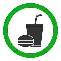 FAST FOOD sign. Paper cup with tubule and burger icons in green circle. Vector.
