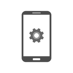 Smartphone with cogwheel icon on screen. Vector.