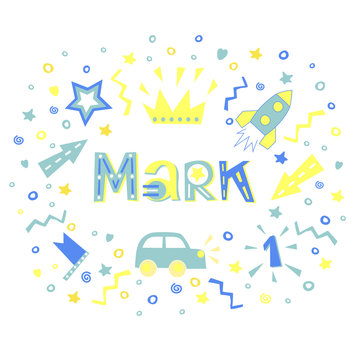 The boys name MARK written in a nice font surrounded by car, stars, rocket and arrows .