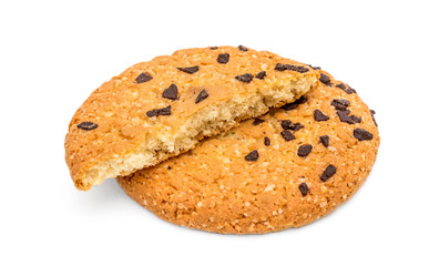 Broken and whole chocolate chip cookies on white.