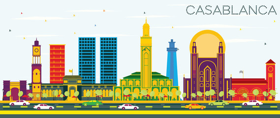 Casablanca Morocco City Skyline with Color Buildings and Blue Sky.