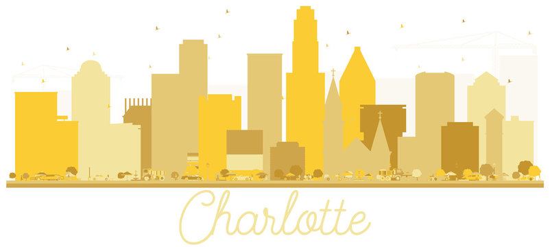 Charlotte North Carolina USA City Skyline Golden Silhouette.