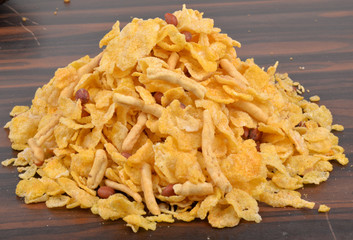 traditional indian corn flakes namkeen with peanuts