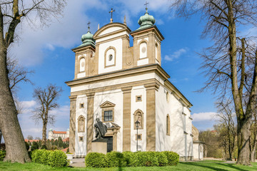 Fototapeta na wymiar NOWY WISNICZ, POLAND - APRIL 09, 2017: The city church in the city