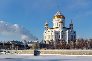 Cathedral of Christ the Saviour against Moskva river in winter. View from Bersenevskaya embankment